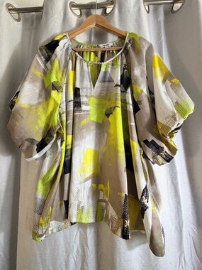 DKNY Abstract Print Puff-Sleeve Blouse in Yellow, Beige, Black, White